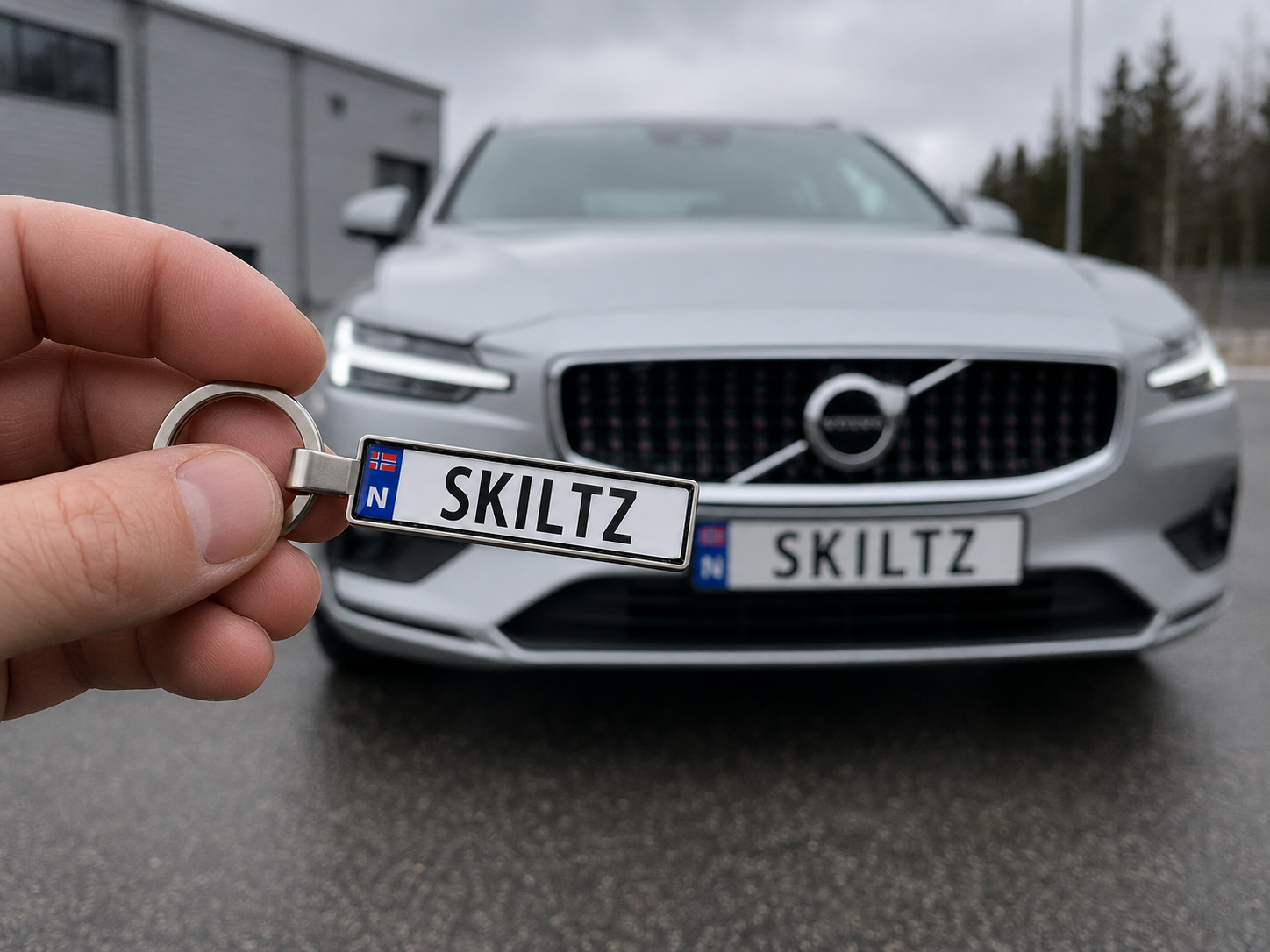 Skiltz nøkkelring foran bil